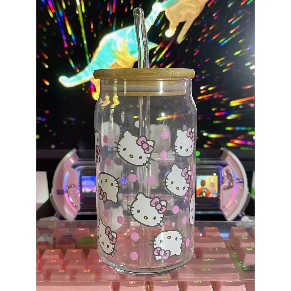 Hello Kitty Glass Tumbler Lid Straw Face Pink Bow Polka Dot Clear 2024 Sanrio